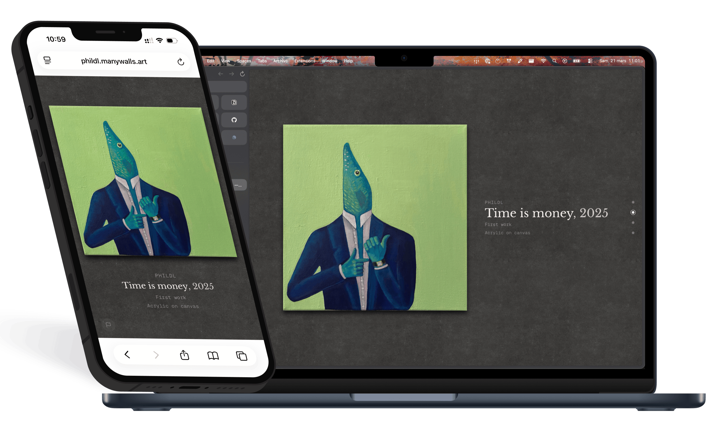Artist exhibition preview shown side by side on phone and laptop