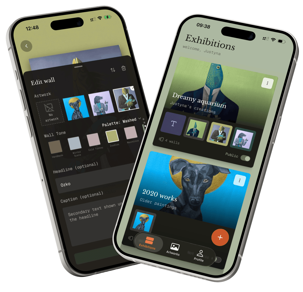 manywalls app showing exhibitions beside the wall editor with artwork and wall tone options