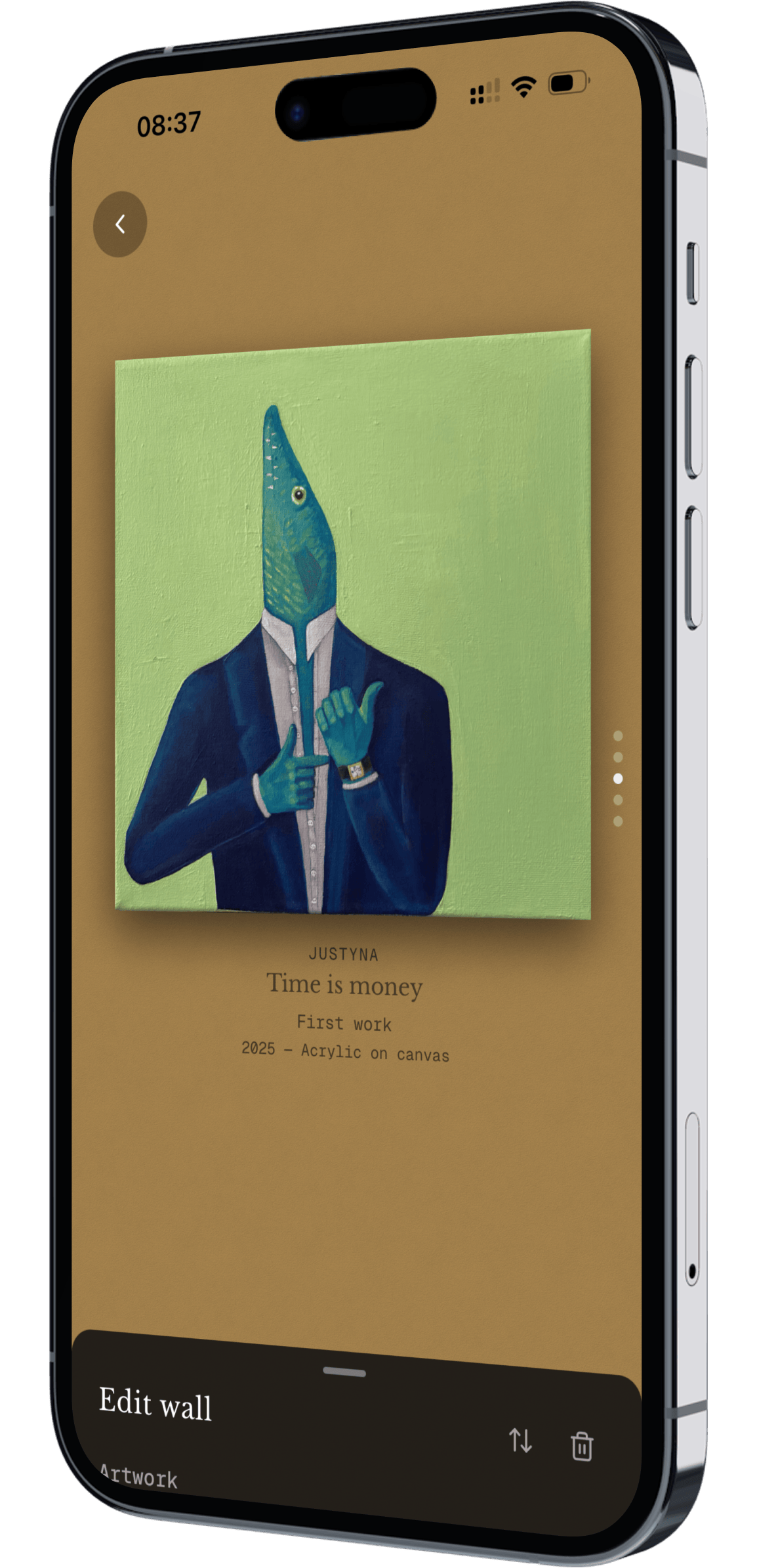 Phone mockup showing artwork on a warm earth wall tone